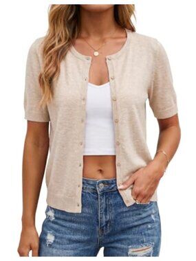 Wool Blend Short Sleeve Crew Neck Cardigan, Lightweight Cropped Button Sweater